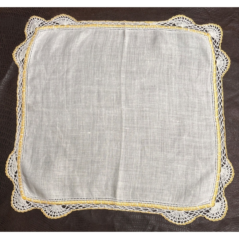 Vintage White Linen Handkerchief With Yellow & White Crocheted Lace Trim